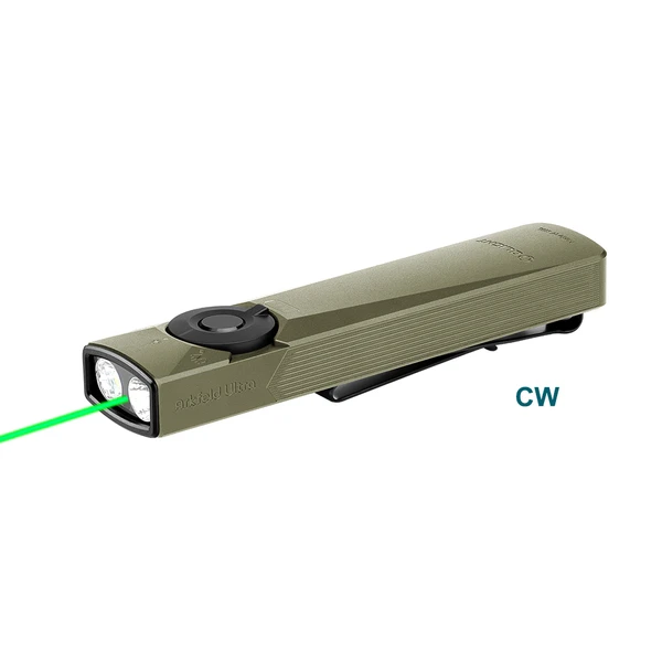 Lampe de poche Olight Arkfeld Ultra verte avec laser, clip de poche pour l'extérieur et l'usage quotidien.