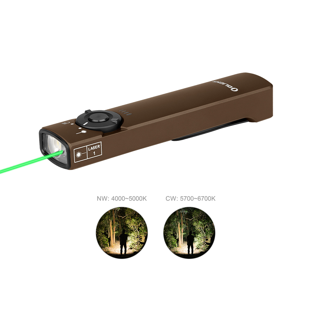 Lampe de poche Olight Arkfeld en marron avec pointeur laser vert, options d'éclairage chaud et froid.