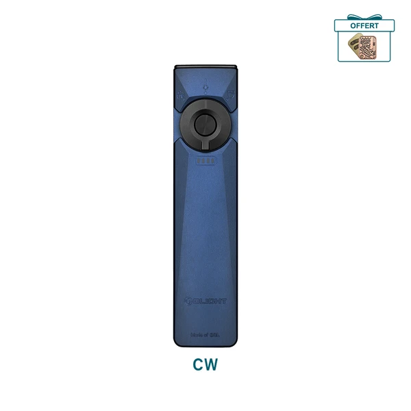 Olight Arkfeld Ultra bleue avec clip, vue latérale, faisceau laser vert pour signalisation et présentation.