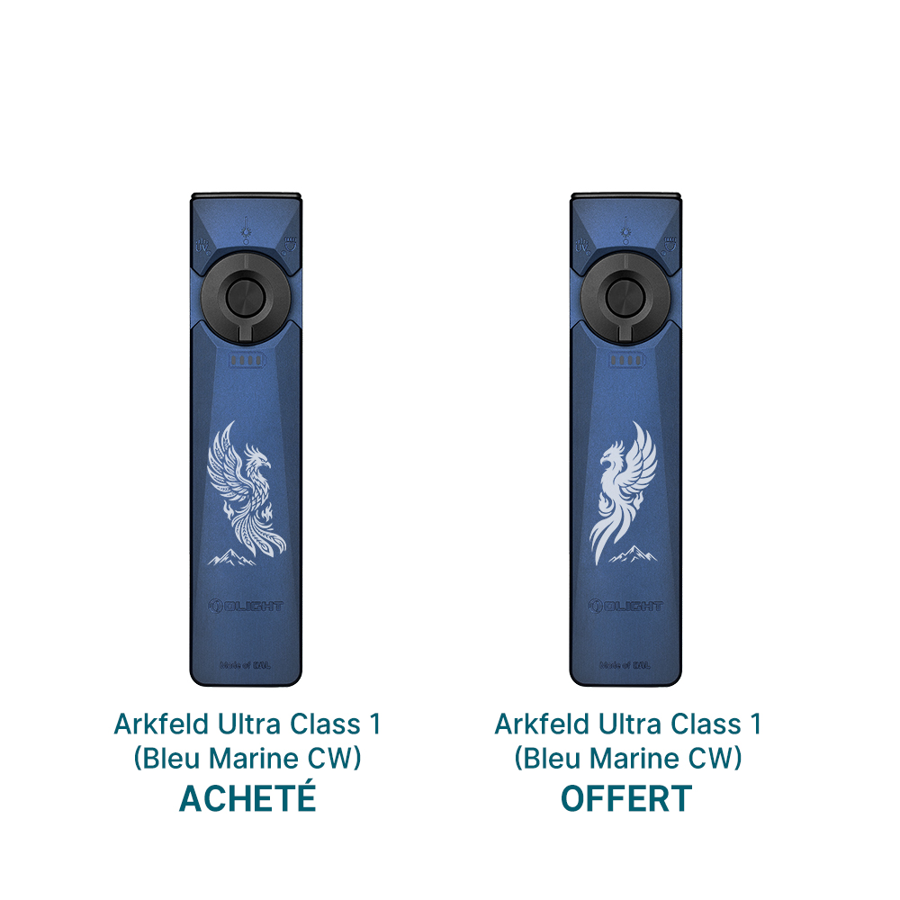 Lampe de poche EDC Olight Arkfeld Ultra bleu marine double offre avec motif phénix laser UV pour usage quotidien et tactique