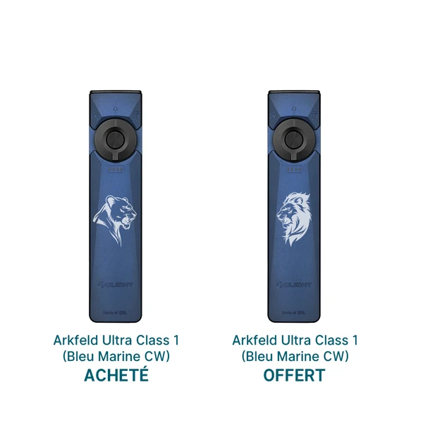 Olight Arkfeld Ultra Class 1 bleu marine avec gravure de lion et panthère, lampe de poche EDC avec laser et UV.