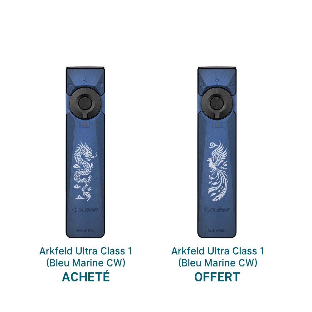 Double lampe torche EDC Olight Arkfeld Ultra Class 1 bleu marine avec gravures dragon et phénix pour EDC et outdoor