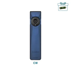 Olight Arkfeld Ultra bleue avec clip, vue latérale, faisceau laser vert pour signalisation et présentation.