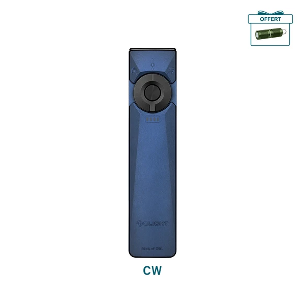 Olight Arkfeld Ultra bleue avec clip, vue latérale, faisceau laser vert pour signalisation et présentation.