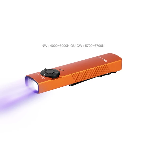 Lampe torche Olight orange avec lumière ultraviolette, deux réglages de température de couleur (4000-5000K, 5700-6700K)