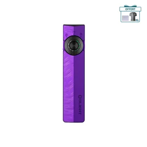 Lampe de poche EDC plate Olight Arkfeld Pro violette avec laser vert, lumière blanche et UV sur fond blanc