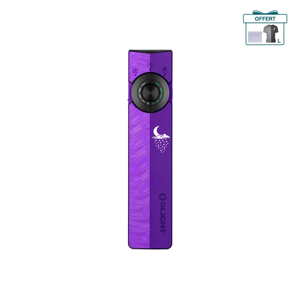 Lampe de poche EDC violette Olight Arkfeld Pro avec motifs de lune, UV et laser, cadeau offert en haut à droite.
