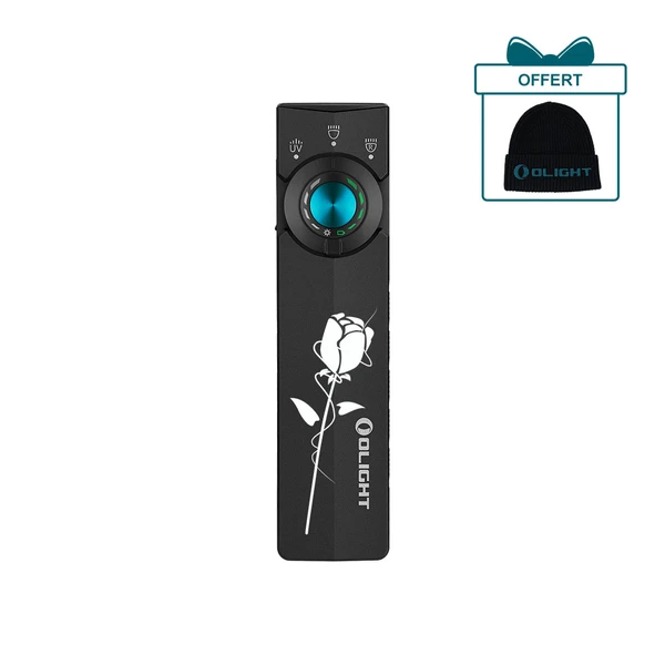 Olight noir Arkfeld Pro en vue de face avec une rose blanche pour les amateurs de cadeaux et l'éclairage.