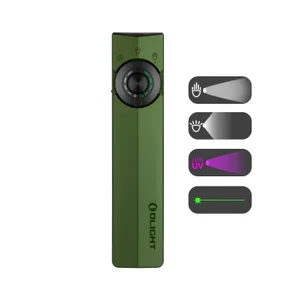 Lampe torche Olight ArkPro verte avec indicateurs de modes LED, lumière UV et laser pour le camping et le quotidien