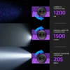 Trois modes de lampe torche : lumière UV 1200 mW, faisceau large 1500 lumens et faisceau concentré longue portée.
