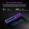 Lampe de poche violette puissante Olight avec batterie rechargeable de 2000 mAh et grande autonomie.