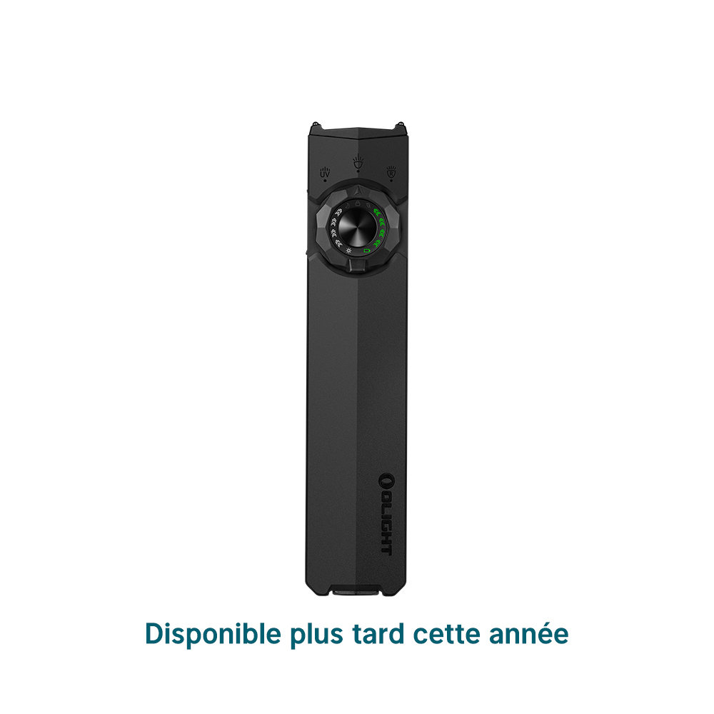 Lampe torche EDC plate noire Olight avec molette de sélection et indicateurs LED verts.