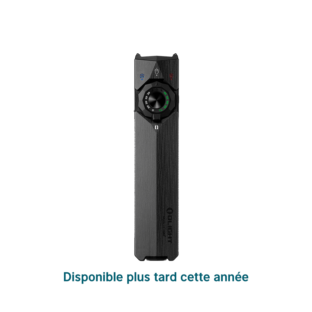 Lampe de poche EDC Olight plate noire avec molette de sélection et indicateurs LED sur fond blanc.