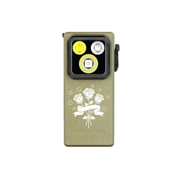 Olight Oclip Ultra or olive avec motif roses blanches, vue de face, une lampe de poche compacte pour usage quotidien.