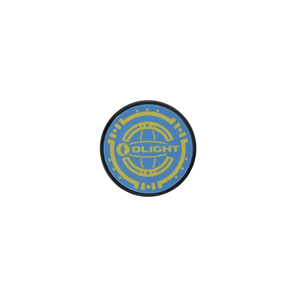 Patch Olight rond bleu et jaune, logo globe stylisé.