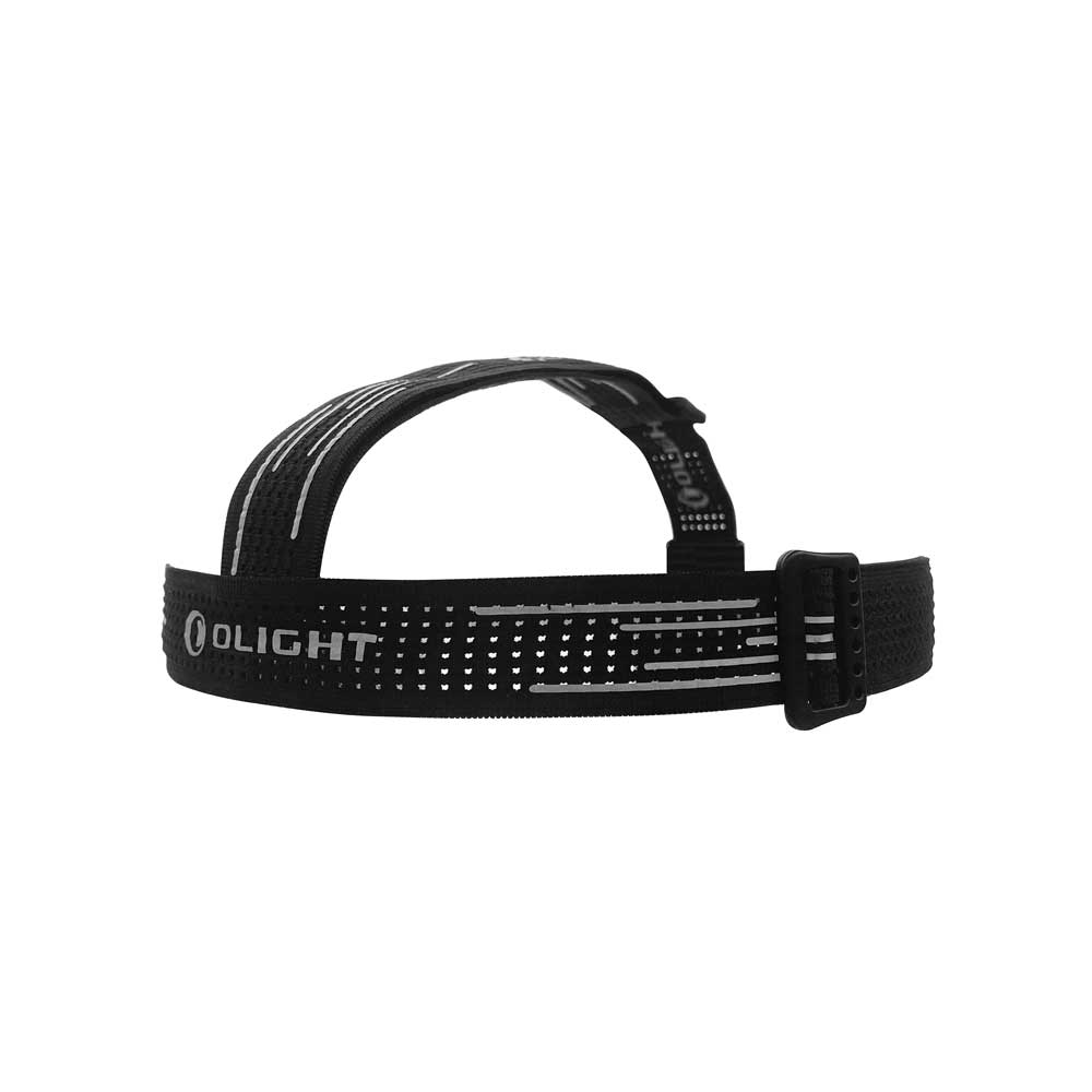 Bandeau de phare Olight, sangle noire réglable, élastique et confortable, avec marque Olight bien visible.