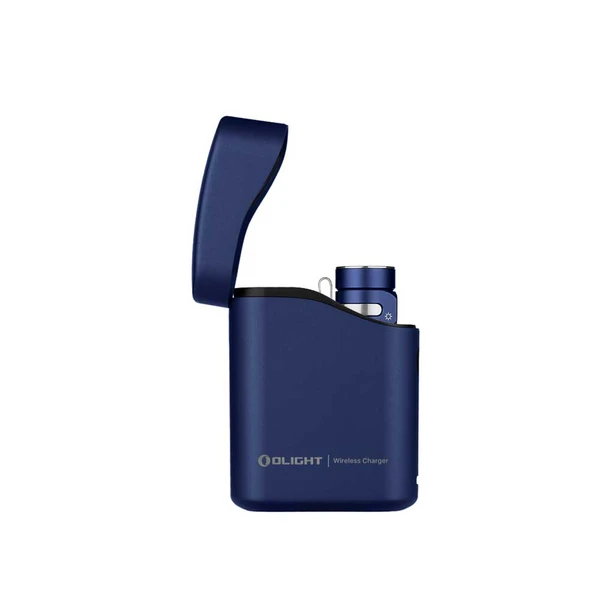 Olight Baton 4 Premium bleu, vue latérale, chargeur sans fil pour lampe de poche et éclairage d'extérieur.