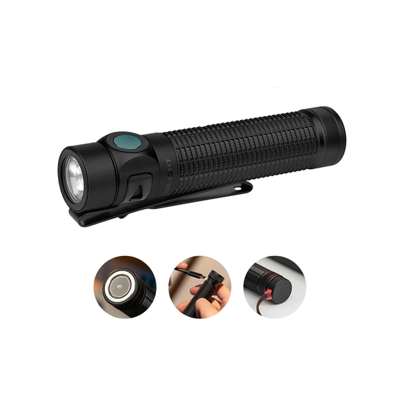 Olight Baton 4 Pro noire avec clip, lampe de poche EDC rechargeable pour usage quotidien et extérieur.