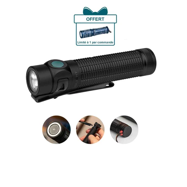 Olight Baton 4 Pro noire avec clip, lampe de poche EDC rechargeable pour usage quotidien et extérieur.