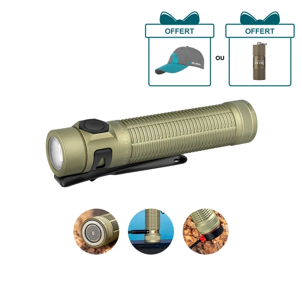 Olight Lampe de poche Baton Ultra vert olive avec clip de poche, pour éclairage extérieur et activités de plein air.