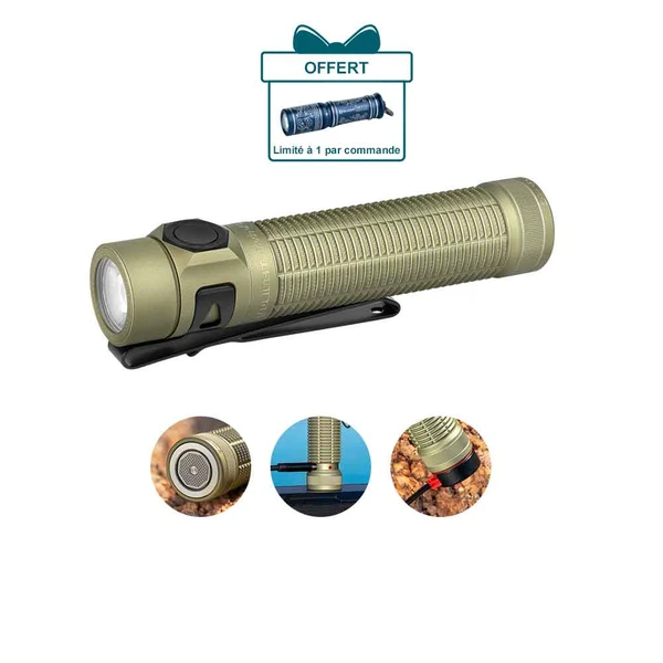 Olight Baton Ultra lampe de poche latérale vert kaki avec clip de poche, interrupteur latéral texturé pour éclairage extérieur.