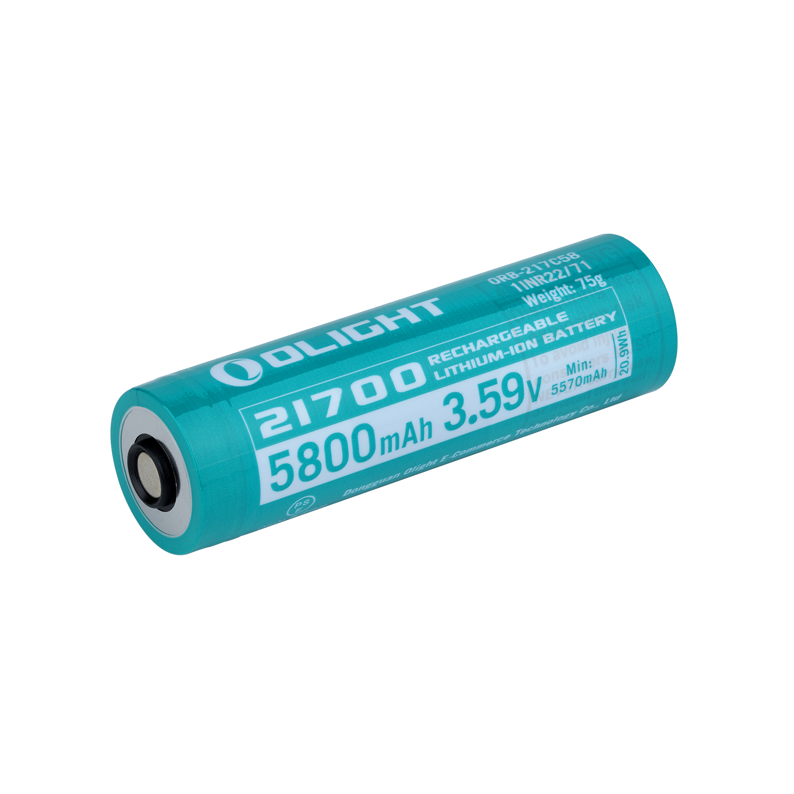 Batterie rechargeable lithium-ion Olight 21700 de 5800mAh et 3,59V sur fond blanc
