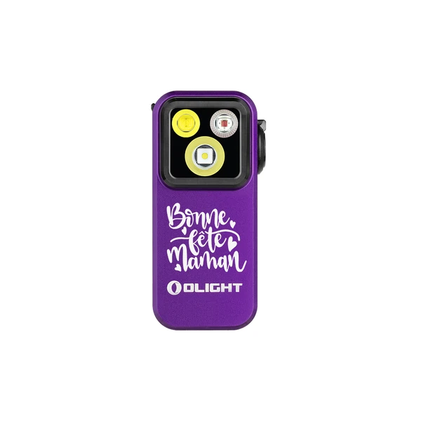 Olight Oclip Pro violet avec gravure Bonne fête Maman, vue de face pour un cadeau personnalisé.