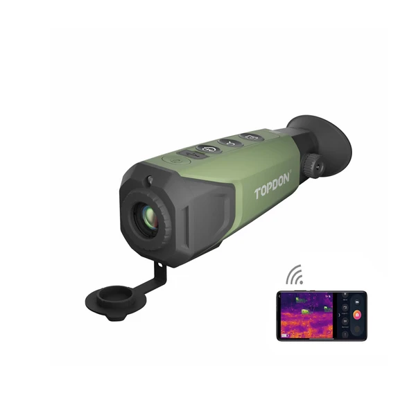 Monoculaire thermique TOPDON jumelé à un smartphone, affichant une image infrarouge vibrante avec connectivité WiFi.
