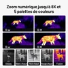 Caméra thermique avec zoom numérique 8x et 5 palettes de couleurs, affichant un renard, un oiseau et un cerf.