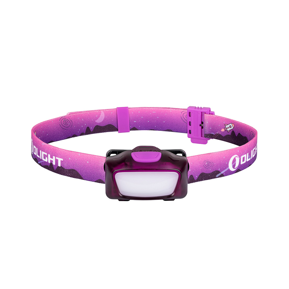 Lampe frontale Olight, motif ciel étoilé violet avec fusées et lune, sangles réglables, idéale pour enfants