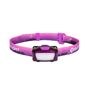 Lampe frontale Olight en violet avec un bandeau rose à motif de lune et de fusée.