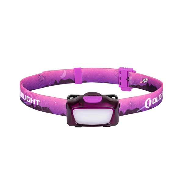 Lampe frontale Olight en violet avec un bandeau rose à motif de lune et de fusée.