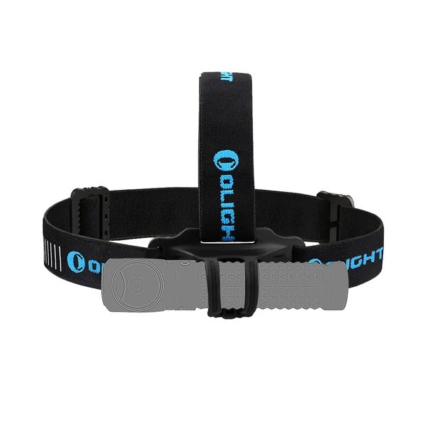 Lampe frontale Olight grise avec sangle noire et bleue, parfaite pour l'extérieur, le camping, la randonnée.