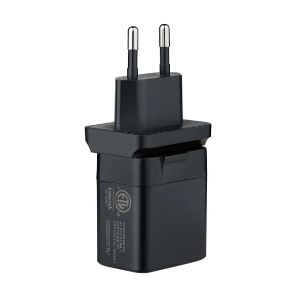 Adaptateur secteur noir avec prise européenne 2 broches, certifié Intertek ETL.