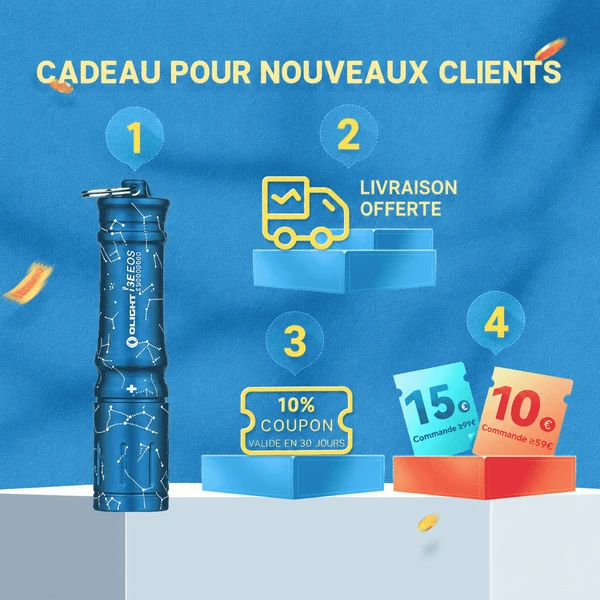 Cadeaux de bienvenue Olight avec lampe i3E EOS bleue, livraison gratuite et coupons de réduction pour nouveaux clients.