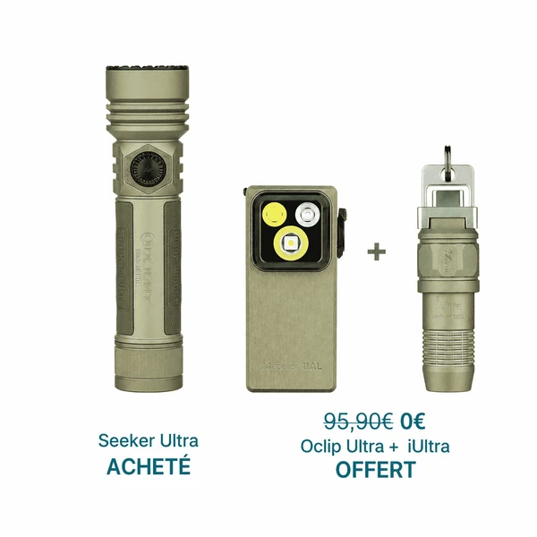 Kit lampes Olight Seeker Ultra vert militaire avec Oclip Ultra et iUltra offerts pour camping et EDC