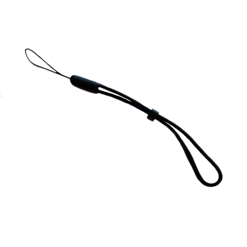 Dragonne de poignet noire réglable pour appareils photo, téléphones, lecteurs MP3, clés USB.