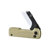 Cutter de poche pliant avec manche doré métallique et lame blanche en céramique semi-ouverte sur fond noir