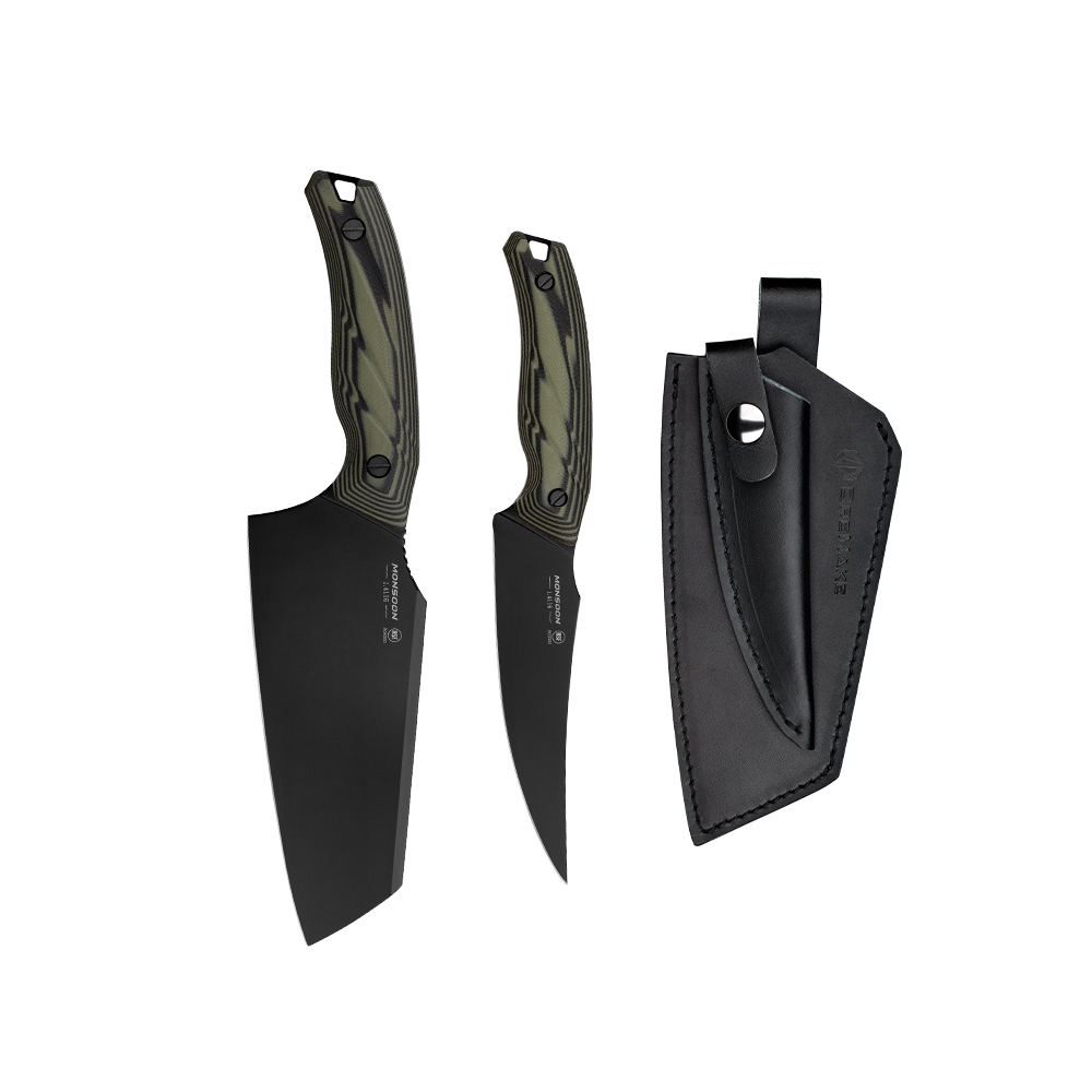 Couteaux de chef noirs avec manches vert olive et étui en cuir noir