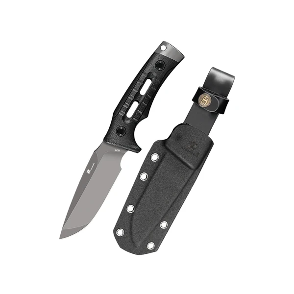 Couteau de survie militaire à lame fixe grise et son étui kydex noir sur fond blanc