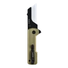 Couteau de poche pliant Oknife U1 Ultra avec manche doré, clip noir et lame trapèze blanche sur fond noir.