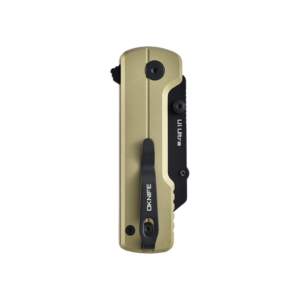 Couteau de poche pliant Oknife U1 Ultra beige doré avec clip de poche noir sur fond noir