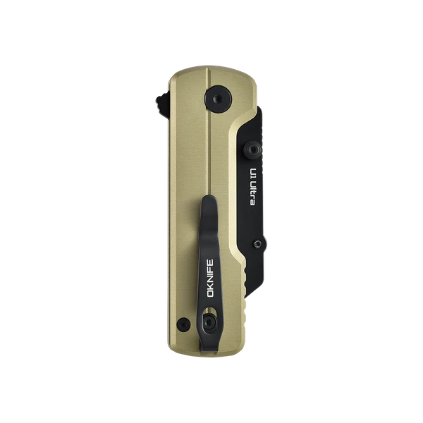 Couteau de poche pliant Oknife U1 Ultra beige doré avec clip de poche noir sur fond noir