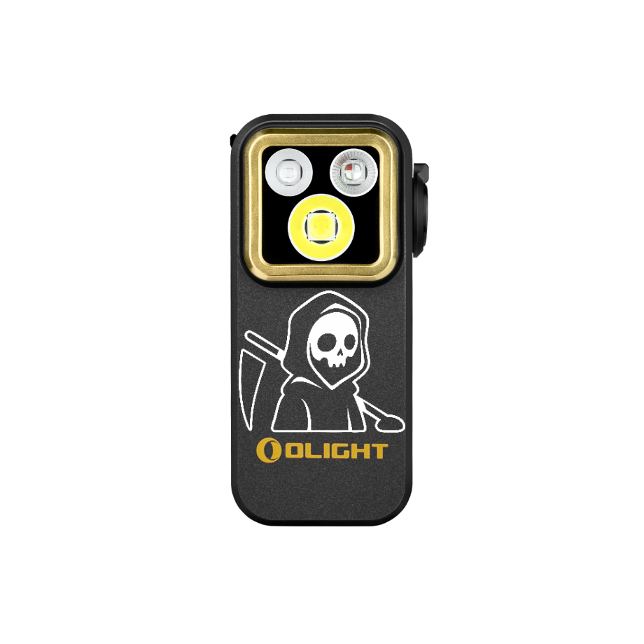 Lampe clip Olight Oclip Pro S noire édition faucheuse vue de face avec LED triple source pour EDC et camping