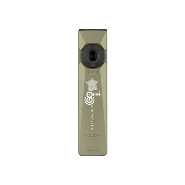 Olight Arkfeld Ultra vert olive édition 8ème anniversaire, vue de face, lampe de poche EDC lumineuse avec laser.