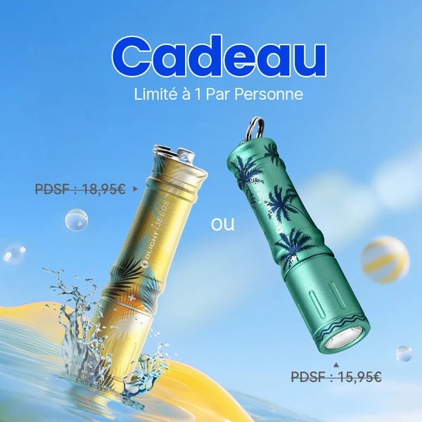 Lampe torche Olight i3E EOS porte-clés jaune et verte avec motif palmier de l'offre cadeau d'été.