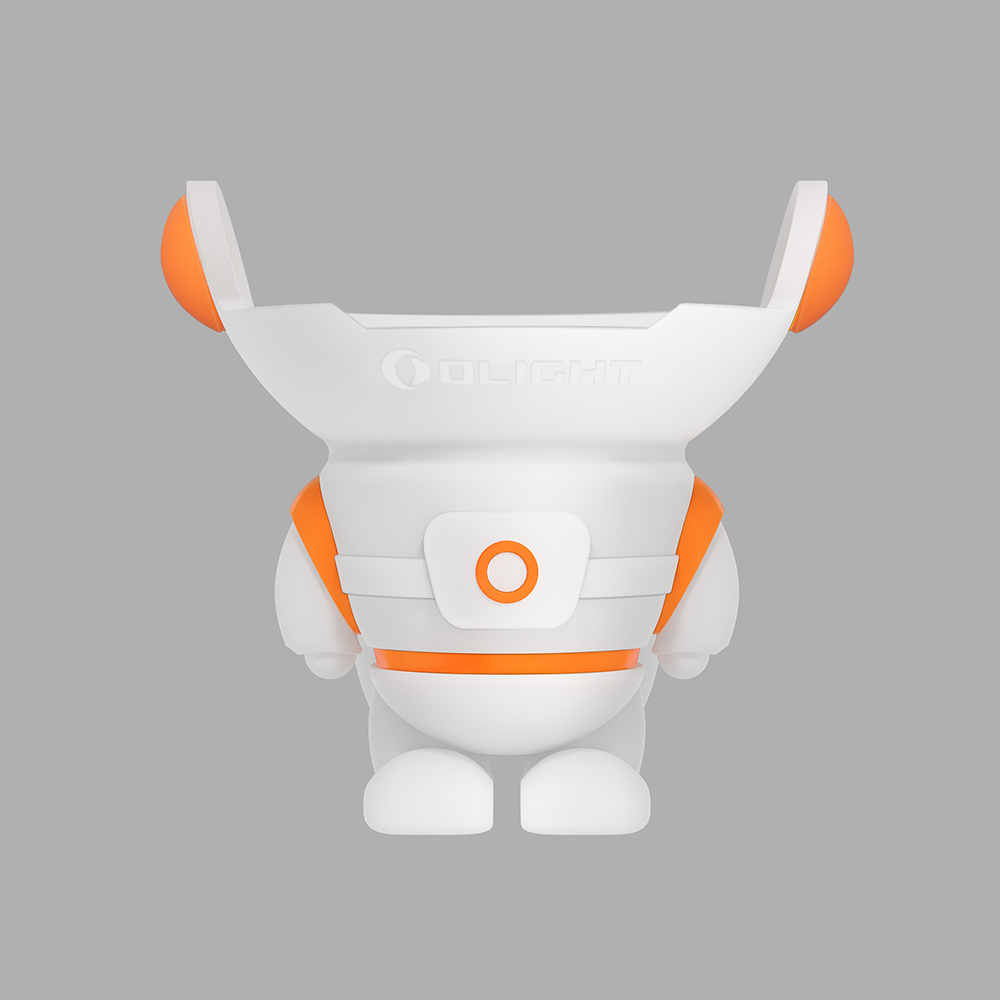 Olight Obuddy, chargeur sans fil et support pour lampe frontale de couleur blanche et orange.