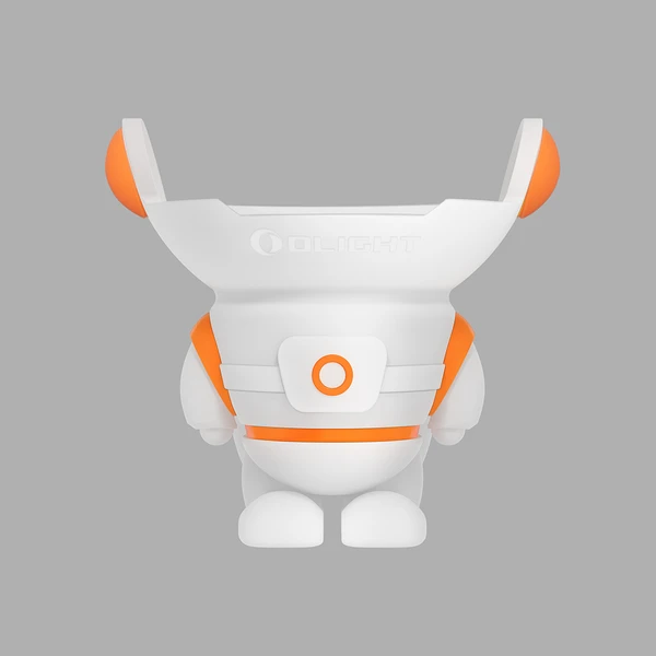 Station d'accueil robot Olight en blanc et orange, support de chargement de lampe de poche.