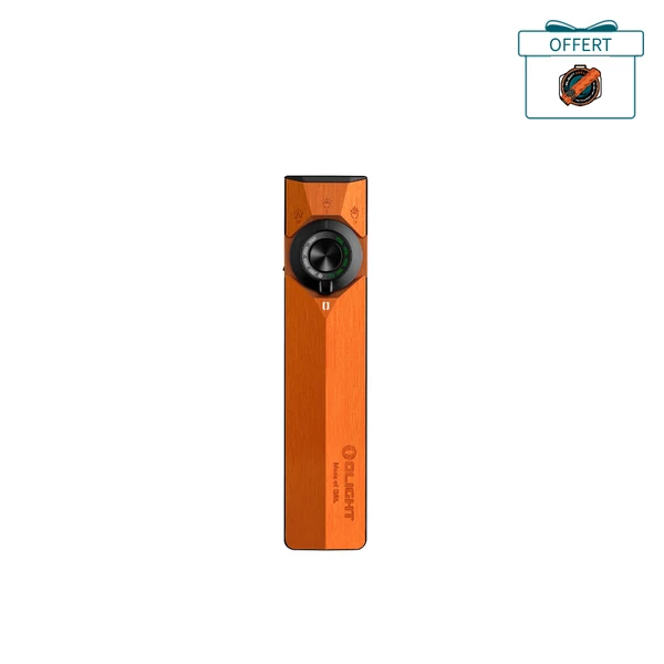Lampe de poche EDC Olight ArkPro Ultra orange vue de face avec sélecteur rotatif pour camping et quotidien