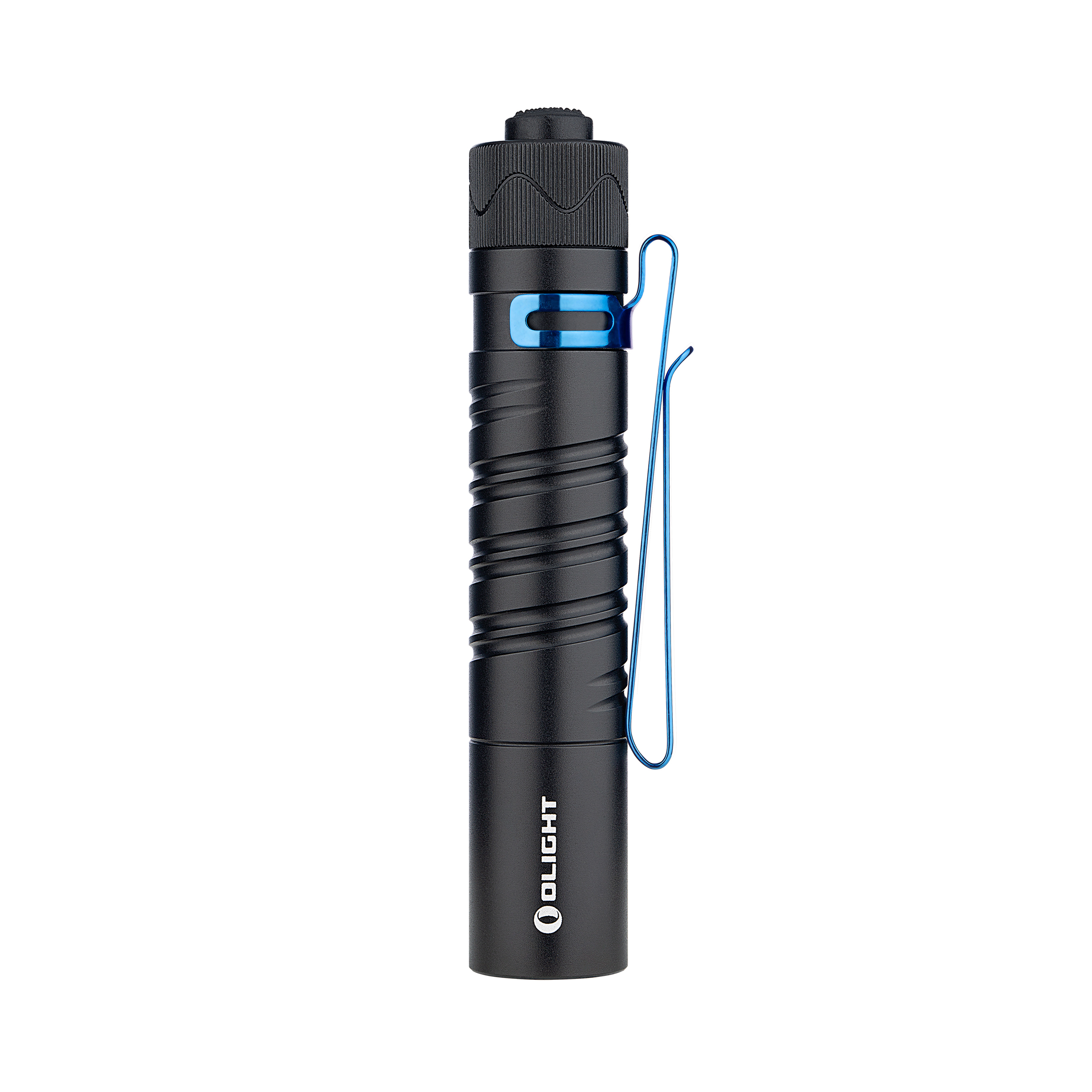 Lampe torche noire Olight avec texture antidérapante, clip de poche bleu vif.
